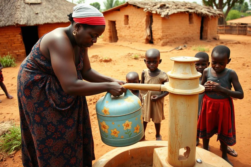 A woman filling a container at a clean-water borehole pump with children nearby