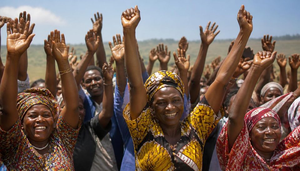 A crowd of community members raising their hands together at an outdoor gathering
