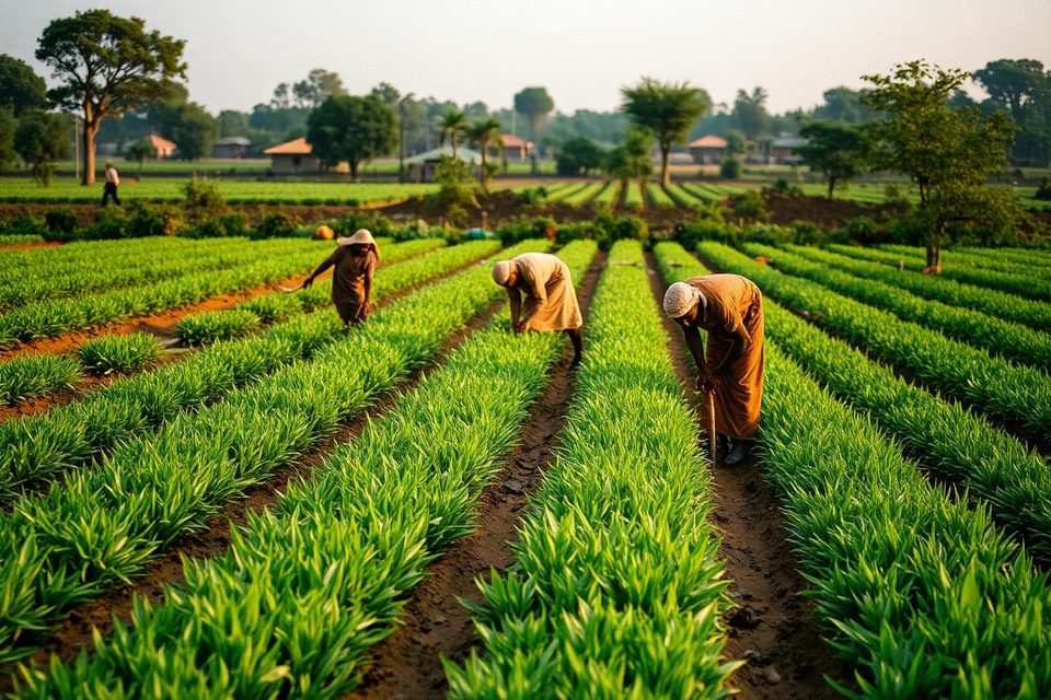 Smallholder farmers tending irrigated crop rows in rural Nigeria