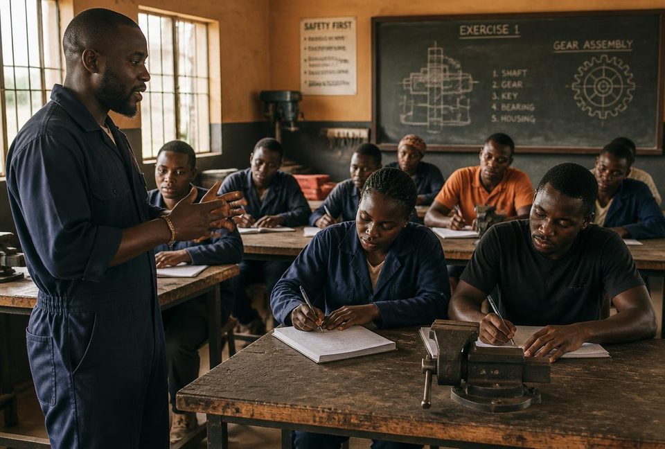 Instructor leading a vocational skills training class for ACBF trainees