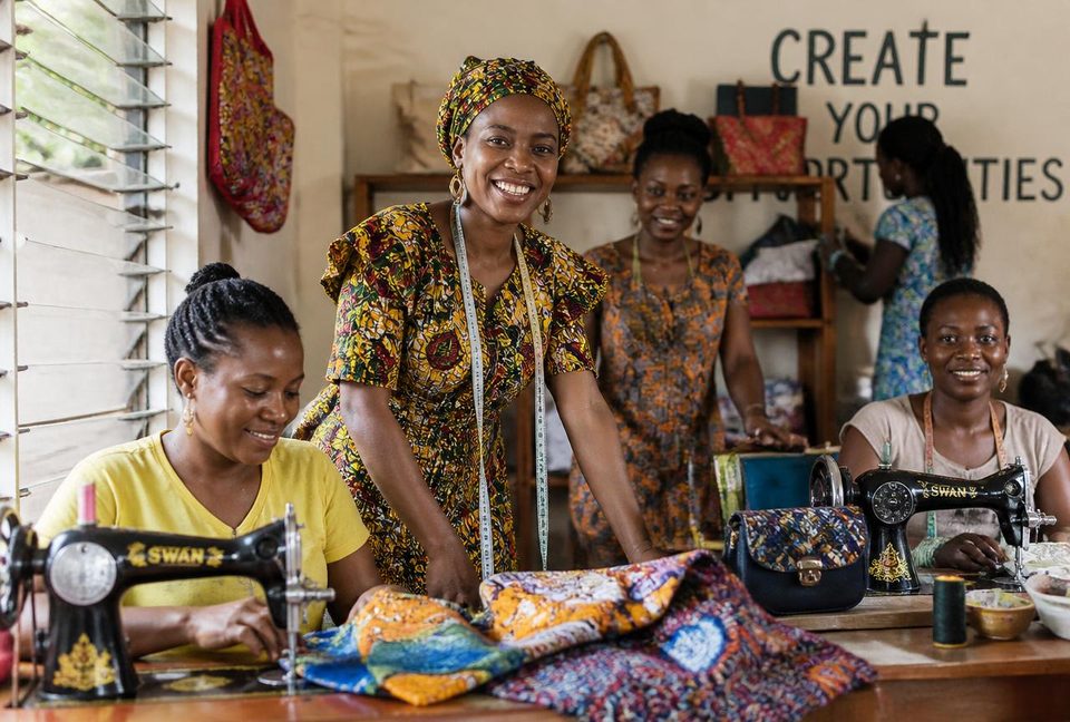 Women entrepreneurs sewing and selling handmade goods in a community workshop